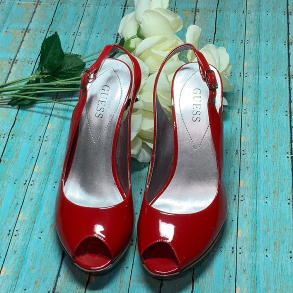 Guess Red Patent Leather Peep Toe Heels